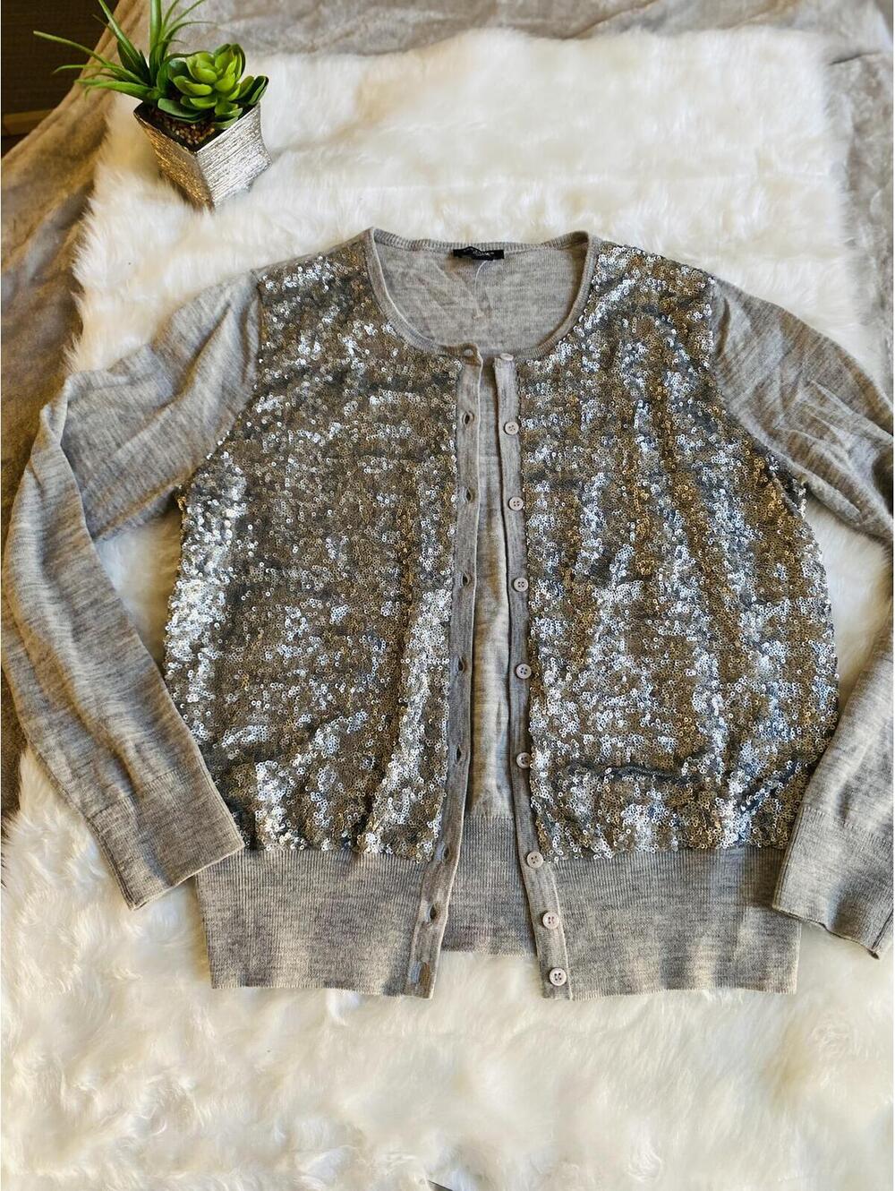 Ann Taylor Silver Sequin Front Gray Cardigan Sweater Large Petite